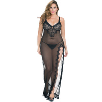 Gown w/ Lace Detail & G-String Black