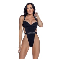 PlayBoy Black High-Leg 1 Pc Swimsuit with Rhinestone Logo M
