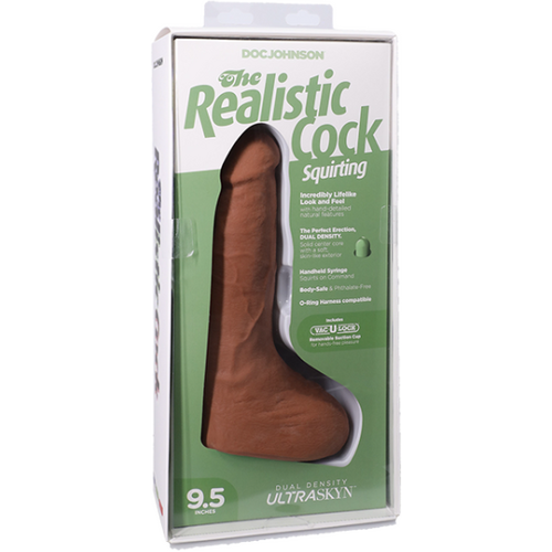 The Realistic Cock - Squirting Cock - With Removable Vac-U-Lock Suction Cup - ULTRASKYN - 9.5 Inch (with balls) Caramel