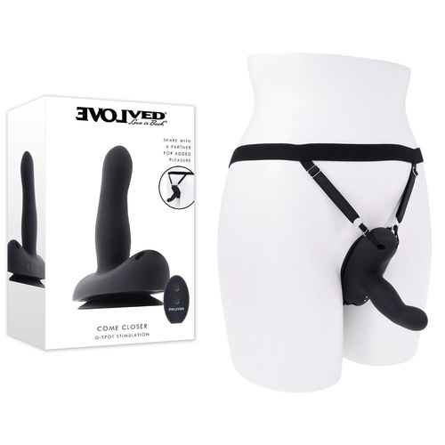 Evolved COME CLOSER Black USB Rechargeable Vibrating Strap-On with Remote