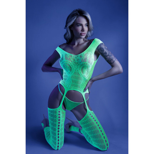 Glow Supersonic Mosaic Patterned Bodystocking Glow in Dark OS