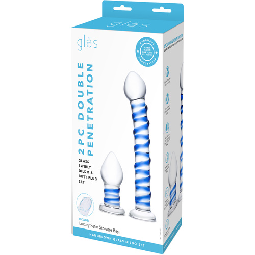 2Pc Double Penetration Glass Swirly Dildo & Buttplug Set