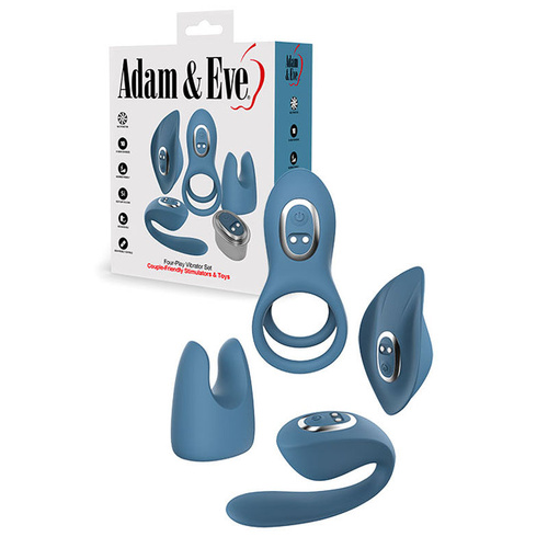 Adam & Eve FOUR-PLAY Vibrator Set Blue USB Rechargeable Couples Play Kit