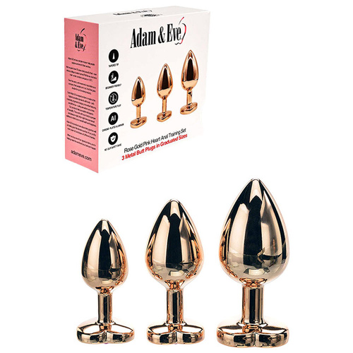 Adam & Eve ROSE GOLD HEART GEM ANAL TRAINING SET Rose Gold Metal Anal Plugs with Pink Gem Bases - Set of 3 Sizes