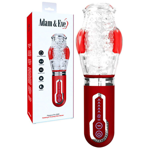Adam & Eve PLEASURE PRO 3000 Clear/Red USB Rechargeable Thrusting & Rotating Auto Stroker