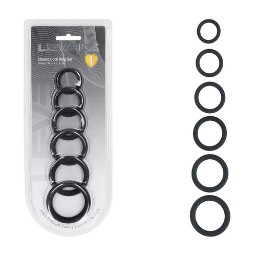 LEVELZ Classic Silicone Cock Ring Set of 6 Black Cock Rings - Set of 6 Sizes