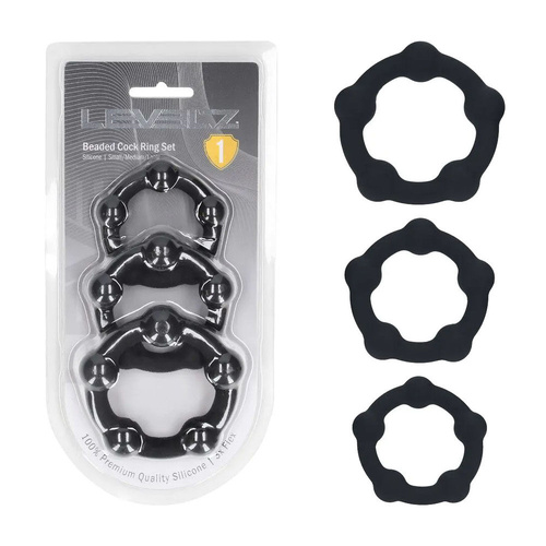 LEVELZ Beaded Silicone Cock Ring Set of 3 - Black Black Cock Rings - Set of 3 Sizes