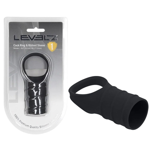 LEVELZ Silicone Cock Ring & Ribbed Sleeve Black Cock Ring with Sleeve