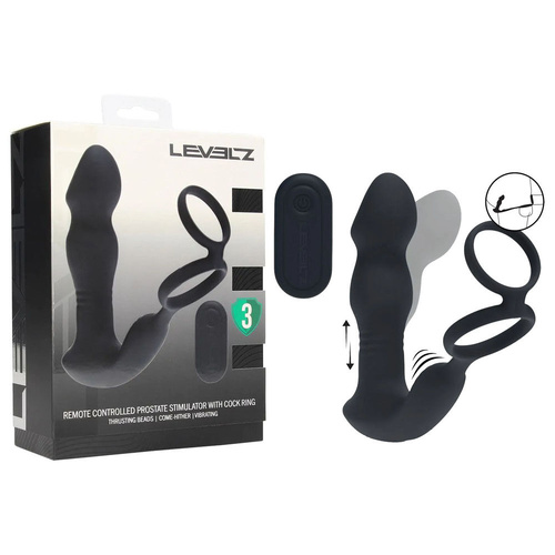 LEVELZ Remote Controlled Prostate Stimulator with Cock Ring Black USB Rechargeable Vibrating Thrusting Prostate Massager with Cock Ring