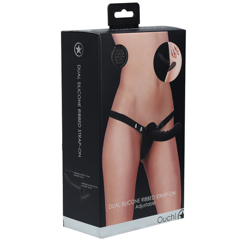OUCH! Dual Silicone Ribbed Strap-On - Black Black Double Ended Strap-On