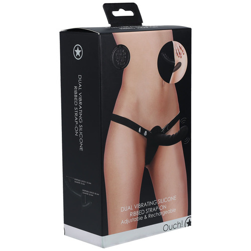 OUCH! Dual Vibrating Silicone Ribbed Strap-On - Black Black USB Rechargeable Dual Vibrating Strap-On