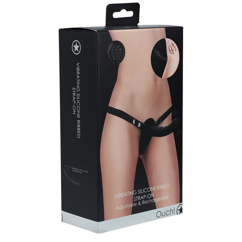 OUCH! Vibrating Silicone Ribbed Strap-On - Black Black USB Rechargeable Strap-On