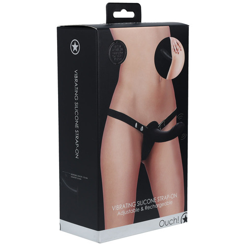 OUCH! Vibrating Silicone Strap-On - Black Black USB Rechargeable Strap-On