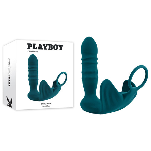 Playboy Pleasure BRING IT ON Teal USB Rechargeable Thrusting Anal Plug with Cock Ring