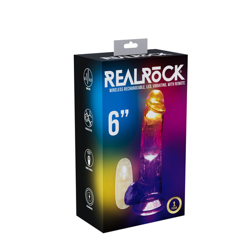 REALROCK 6'' with Balls Wireless Rechargeable LED Vibrating Dong Clear with LED 16.2 cm USB Rechargeable Vibrating Dong with Remote