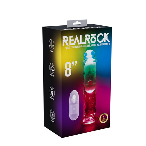 REALROCK 8'' No Balls Wireless Rechargeable LED Vibrating Dong Clear with LED 22 cm USB Rechargeable Vibrating Dong with Remote