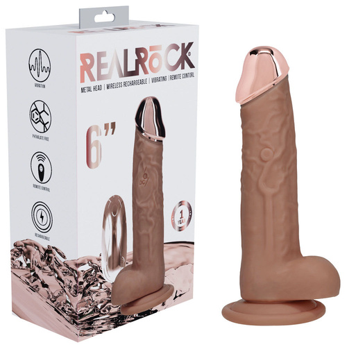 REALROCK Metal Head 6'' Rechargeable Dildo - Tan Tan 16.2 cm USB Rechargeable Vibrating Dildo with Metal Head and Wireless Remote