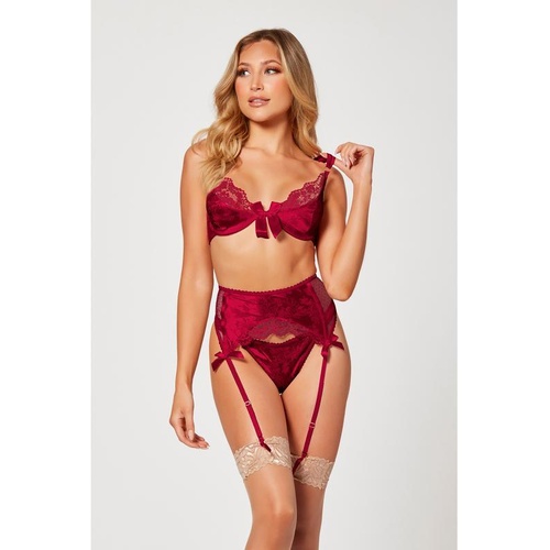 3 Pc Jacquard Bra Garter Belt Panty Set  L 