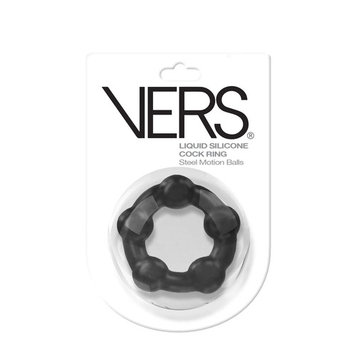 28mm VERS Liquid Silicone Steel Motion C-Ring Black Cock Ring with Steel Motion Balls
